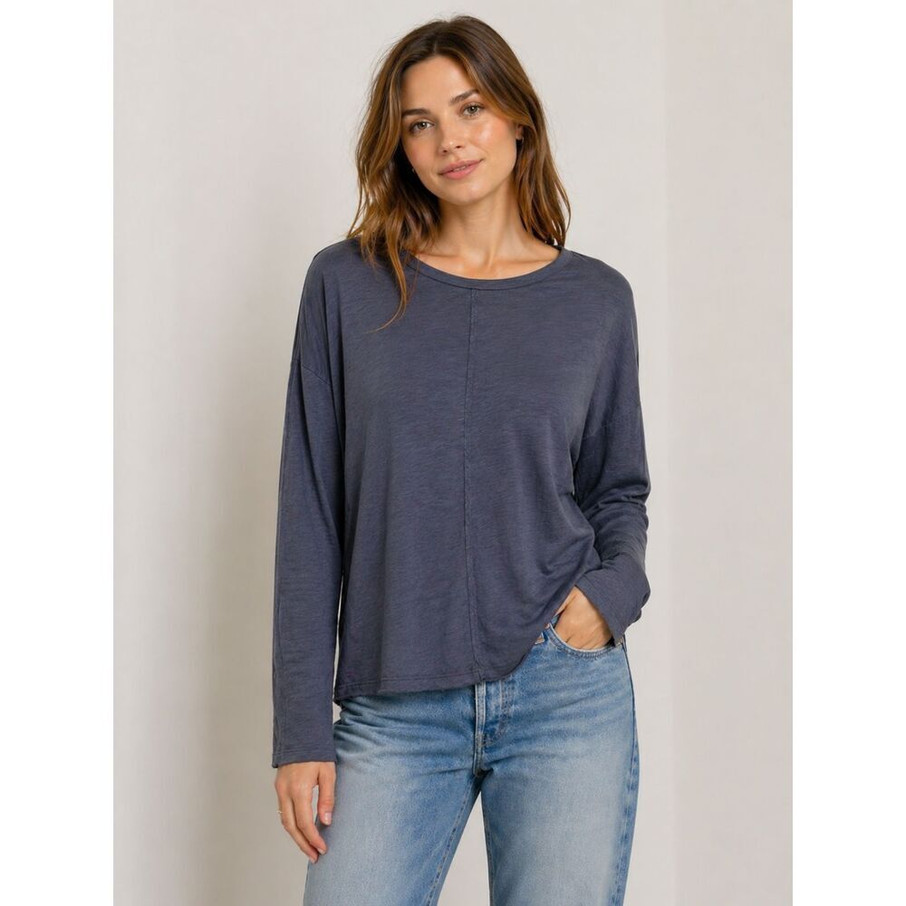 Anthropologie t.la Gray Sz M Long Sleeve Slub Knit Top Oversize Casual Raw Hem H